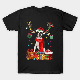 Black Boston Terrier Reindeer Santa Christmas Color Lights T-Shirt